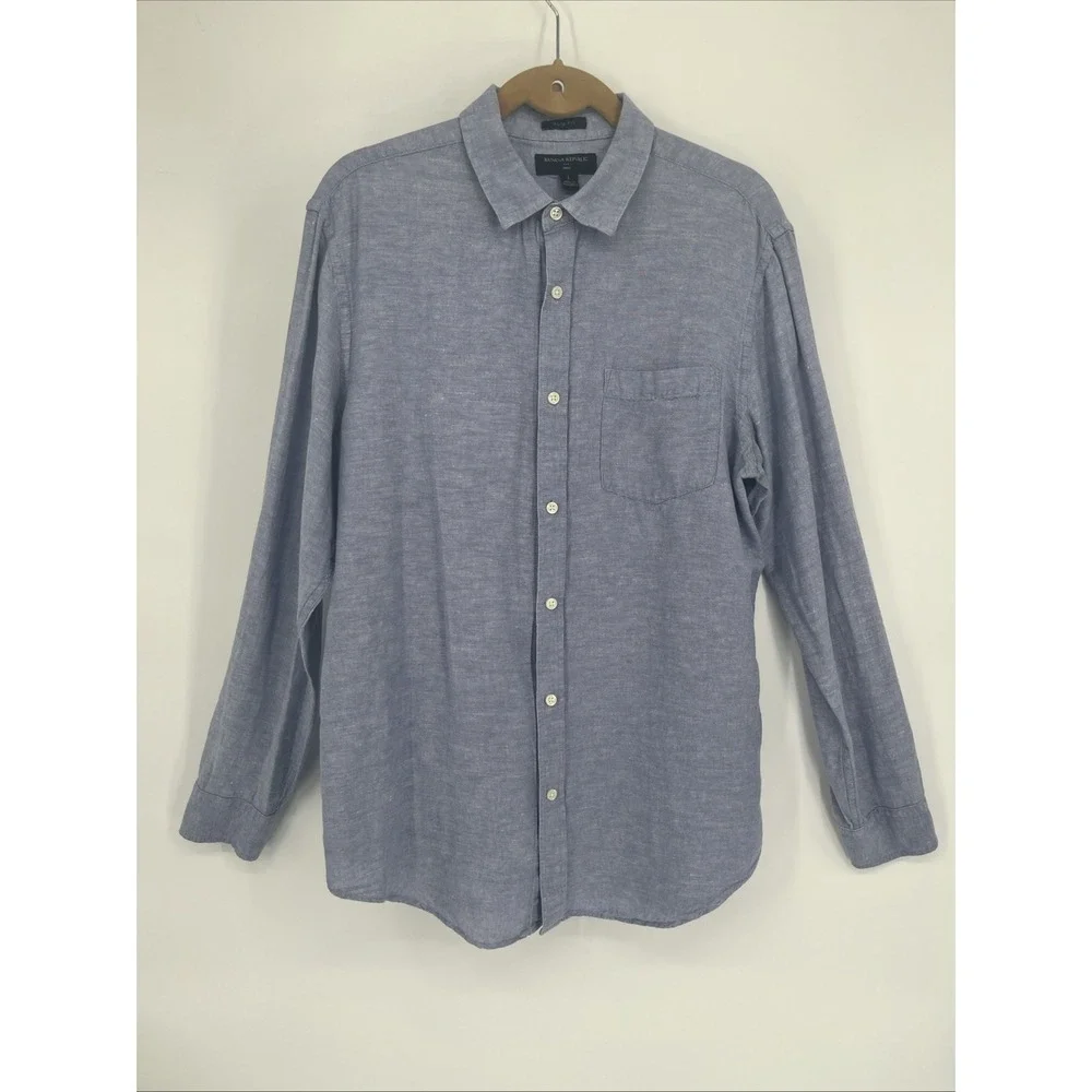 Banana Republic Slim Fit Blue Linen Cotton Blend Button‎ Down Shirt Size L